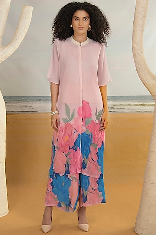 Baby Pink Georgette Viscose & Polyester Digital Printed Front Open Kurta Set by Preeti Mehta