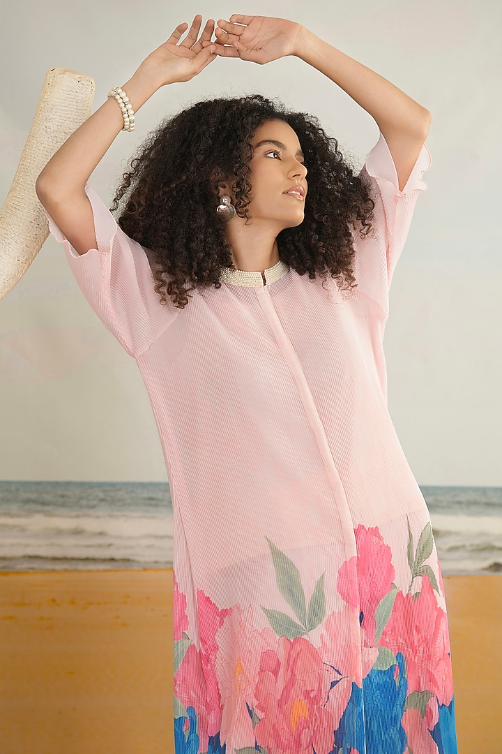 Baby Pink Georgette Viscose & Polyester Digital Printed Front Open Kurta Set by Preeti Mehta at Pernia's Pop Up Shop