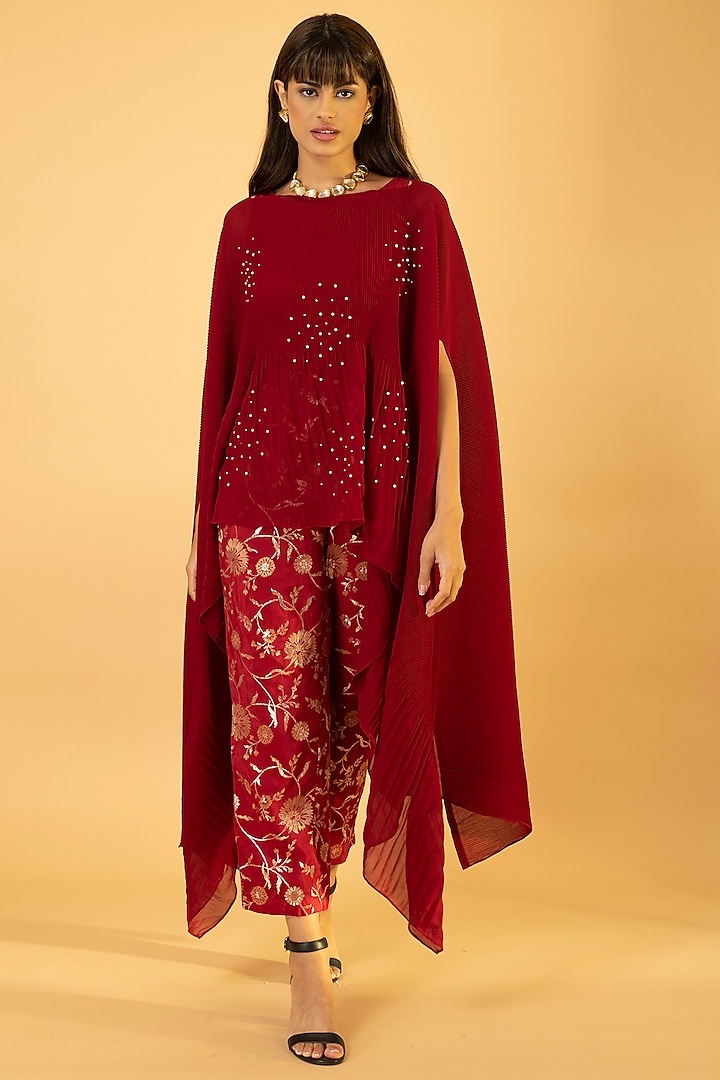 Cherry Red Georgette & Viscose Hand Embroidered Kaftan Set by preeti mehta