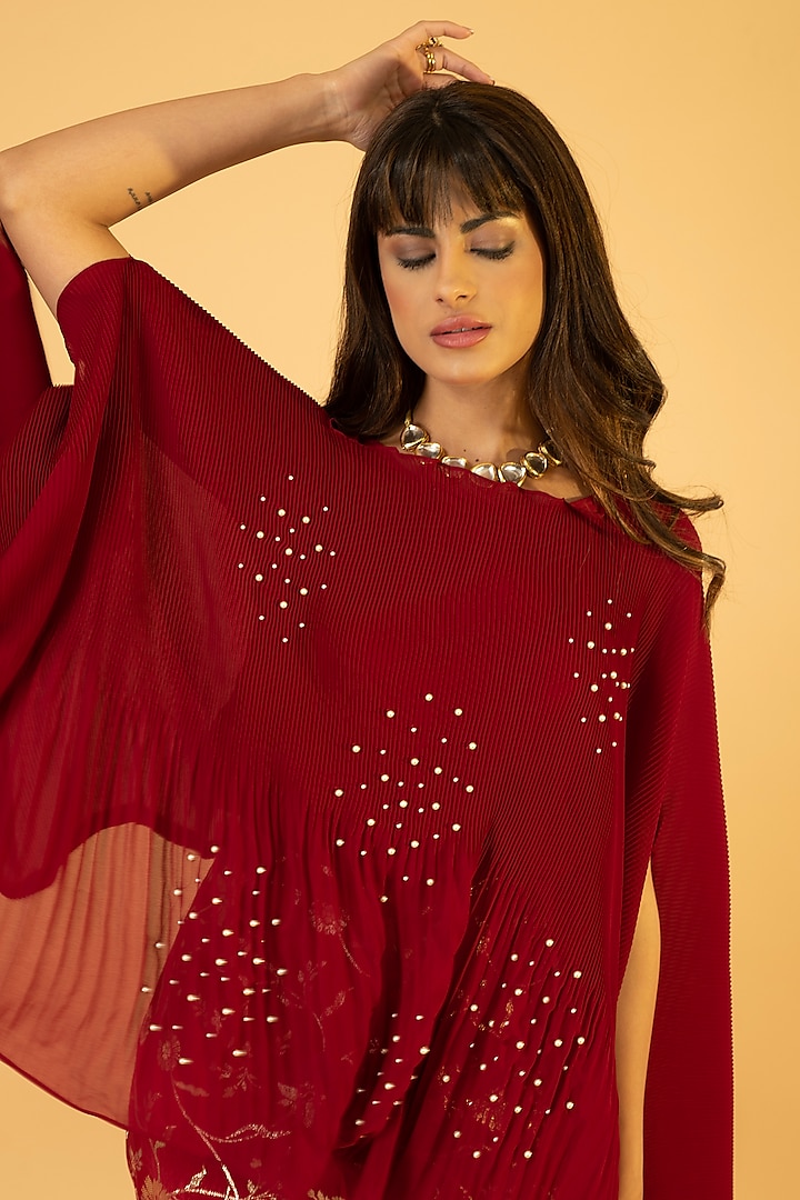 Cherry Red Georgette & Viscose Hand Embroidered Kaftan Set by preeti mehta at Pernia's Pop Up Shop