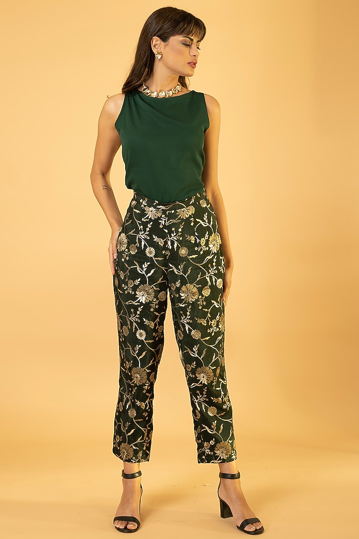 Basil Green Georgette & Viscose Hand Embroidered Kaftan Set by preeti mehta at Pernia's Pop Up Shop