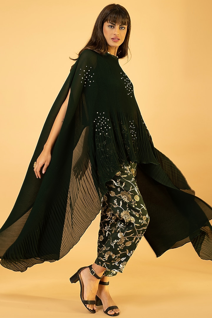 Basil Green Georgette & Viscose Hand Embroidered Kaftan Set by preeti mehta at Pernia's Pop Up Shop