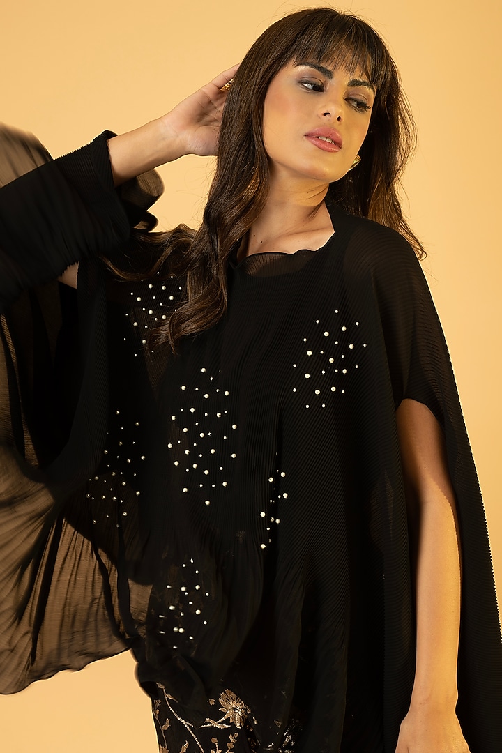 Black Georgette & Viscose Hand Embroidered Kaftan Set by preeti mehta at Pernia's Pop Up Shop