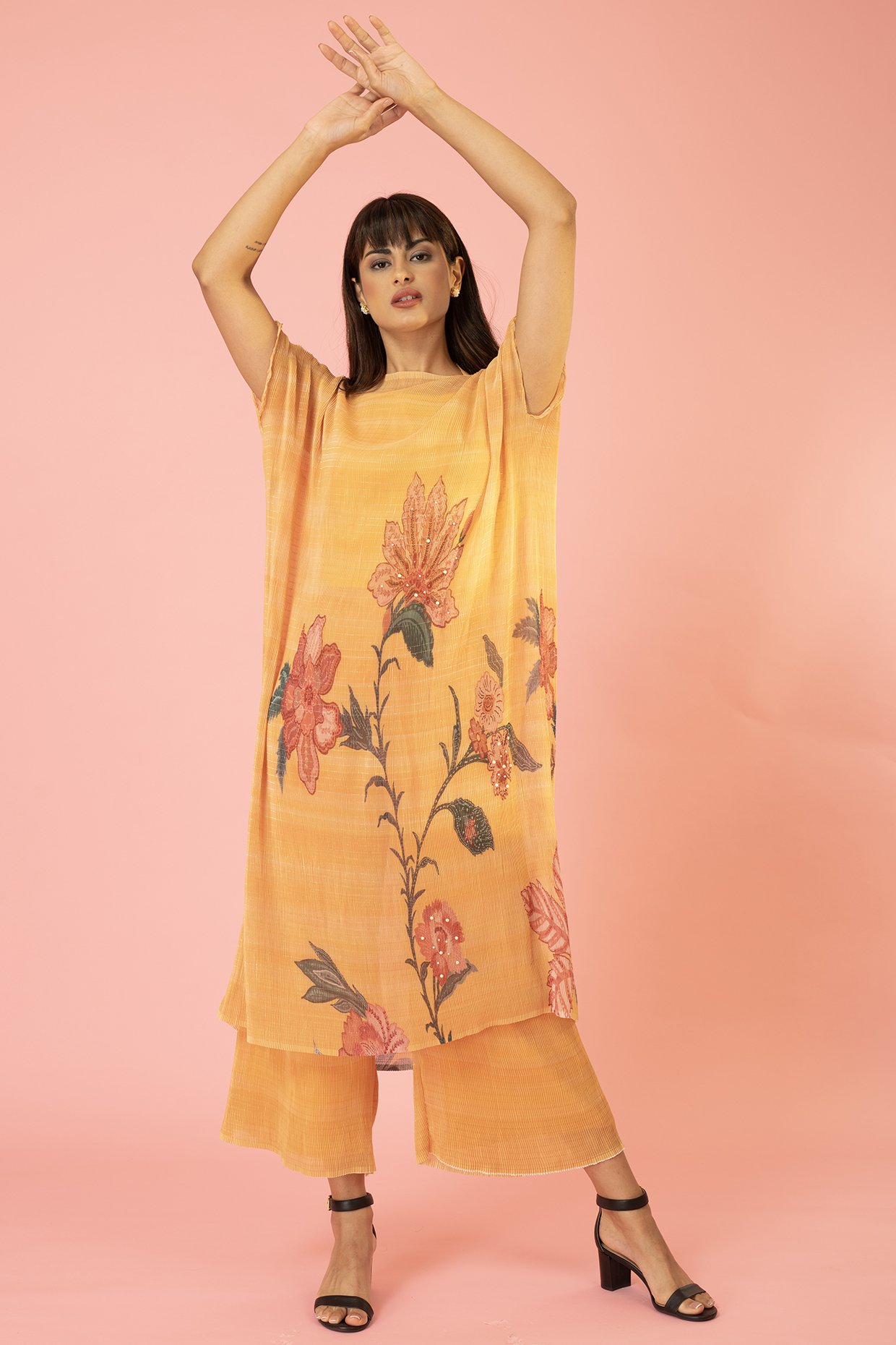 Golden Yellow Lurex Chiffon Co-Ord Set by preeti mehta at Pernia's Pop Up Shop