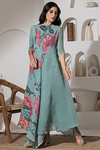 Dusty Jade Green Lurex Chiffon Printed Co-Ord Set by preeti mehta
