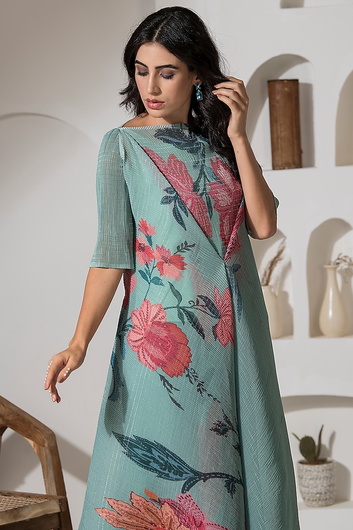 Dusty Jade Green Lurex Chiffon Printed Co-Ord Set by preeti mehta at Pernia's Pop Up Shop