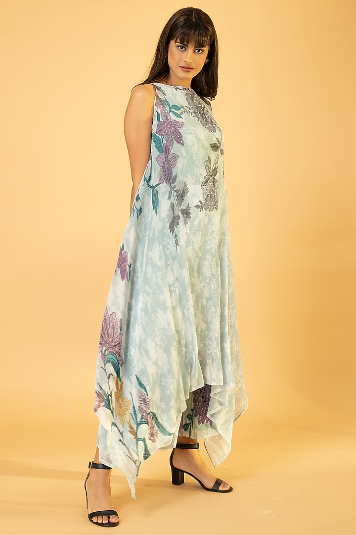 Moonlight Blue Lurex Chiffon Printed Co-Ord Set by preeti mehta at Pernia's Pop Up Shop