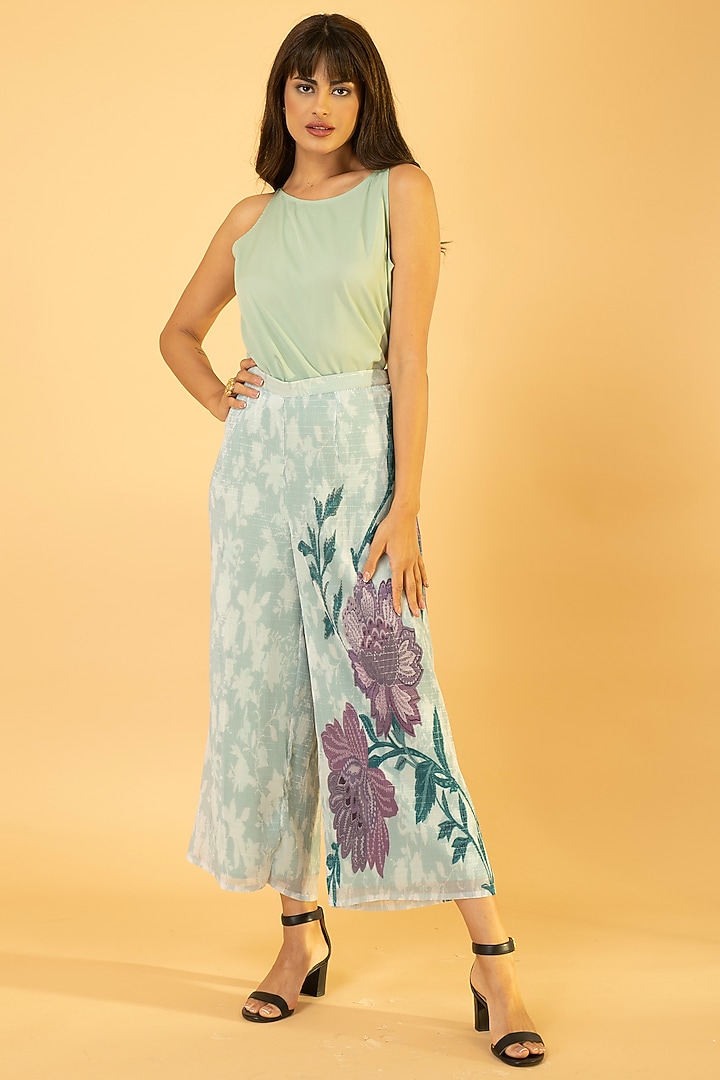 Moonlight Blue Lurex Chiffon Printed Co-Ord Set by preeti mehta at Pernia's Pop Up Shop