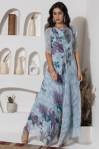 Moonlight Blue Lurex Chiffon Printed Co-Ord Set by preeti mehta