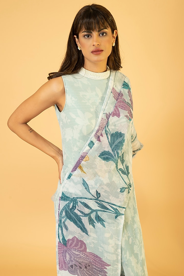 Moonlight Blue Georgette Printed Draped Jumpsuit by preeti mehta at Pernia's Pop Up Shop