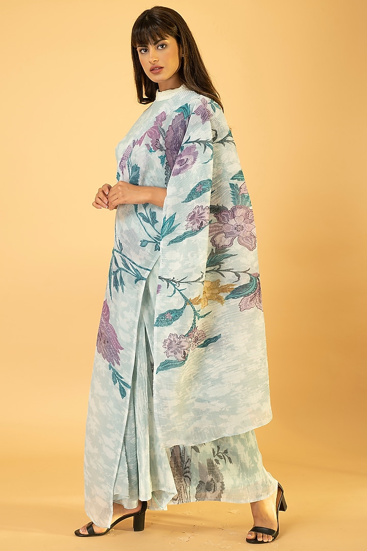 Moonlight Blue Georgette Printed Draped Jumpsuit by preeti mehta at Pernia's Pop Up Shop
