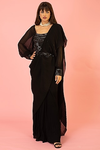 Black Georgette Pre-Draped Pleated Saree Set by preeti mehta