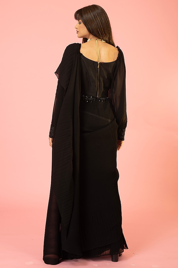 Black Georgette Pre-Draped Pleated Party Wear Saree Set by preeti mehta at Pernia's Pop Up Shop
