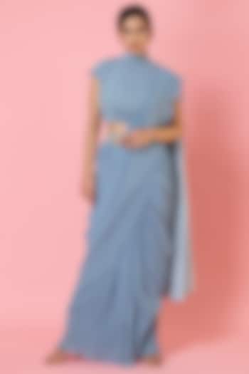 Blue Georgette Pre-Draped Pleated Saree Set by preeti mehta