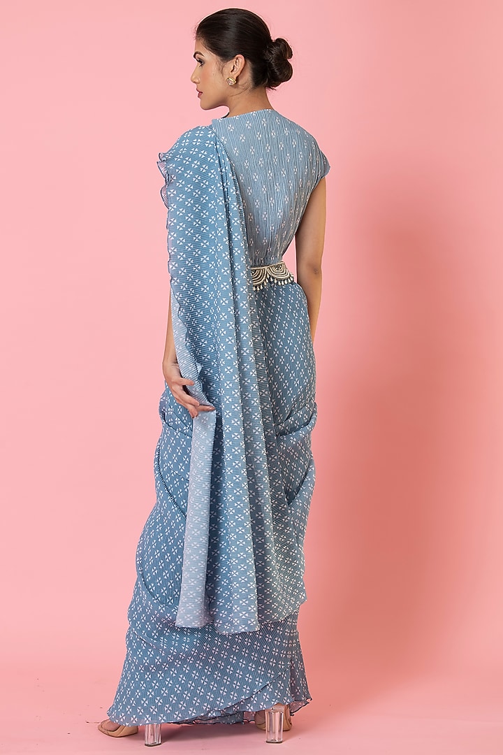 Blue Georgette Pre-Draped Pleated Party Wear Saree Set by preeti mehta at Pernia's Pop Up Shop