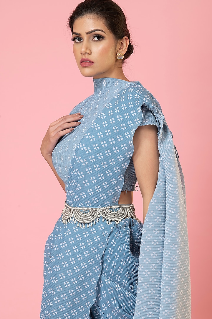 Blue Georgette Pre-Draped Pleated Party Wear Saree Set by preeti mehta at Pernia's Pop Up Shop