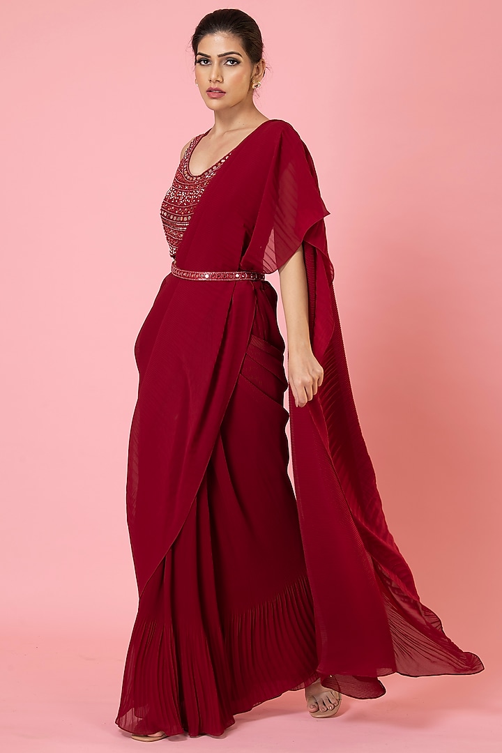 Rose Red Georgette Pre-Draped Pleated Saree Set by preeti mehta