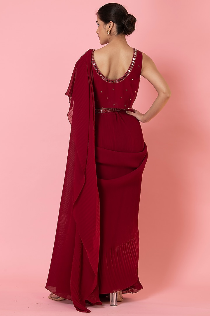 Rose Red Georgette Pre-Draped Pleated Party Wear Saree Set by preeti mehta at Pernia's Pop Up Shop