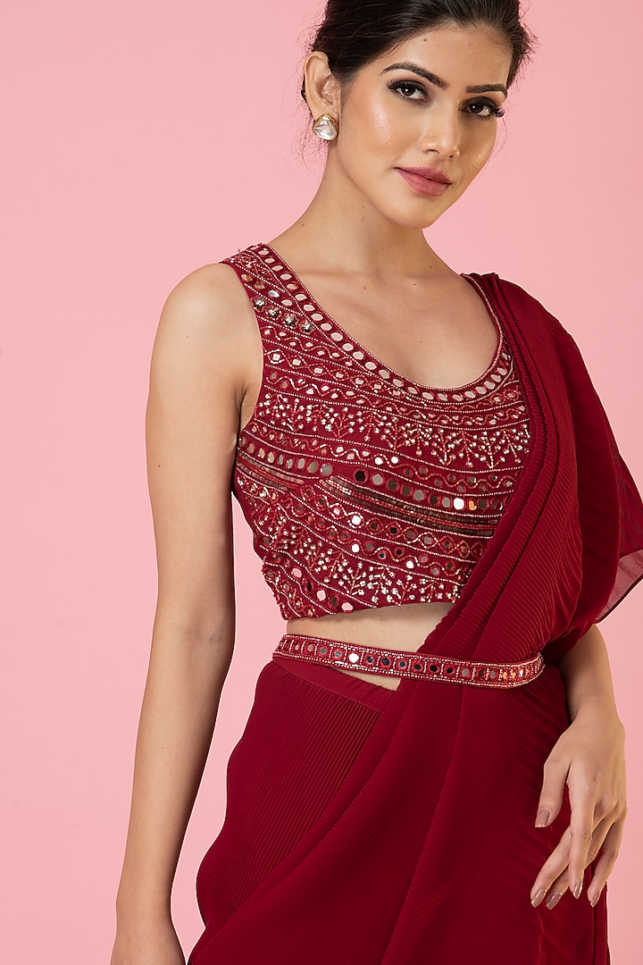 Rose Red Georgette Pre-Draped Pleated Party Wear Saree Set by preeti mehta at Pernia's Pop Up Shop