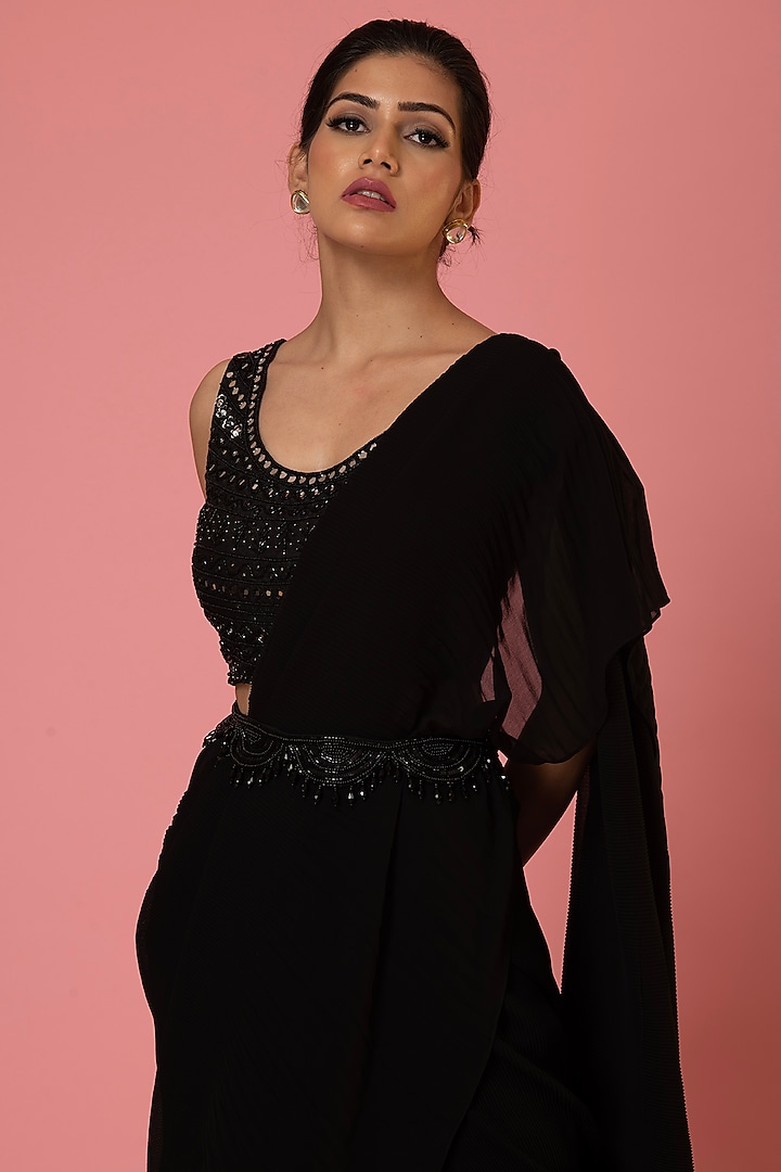 Black Georgette Pre-Draped Pleated Party Wear Saree Set by preeti mehta at Pernia's Pop Up Shop