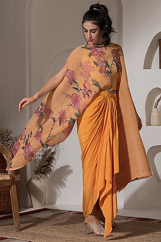 Golden Yellow Lurex Chinon Printed & Embroidered Kaftan Set by Preeti Mehta