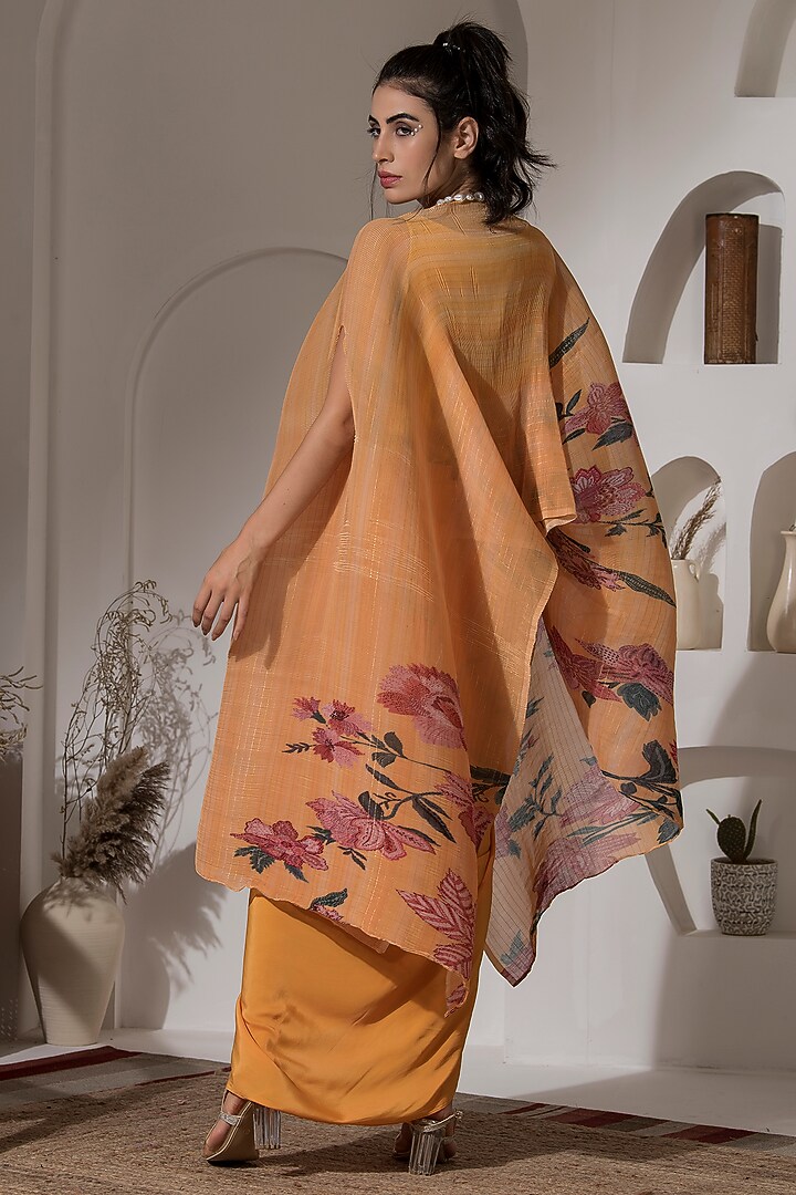 Golden Yellow Lurex Chinon Printed & Embroidered Kaftan Set by Preeti Mehta at Pernia's Pop Up Shop