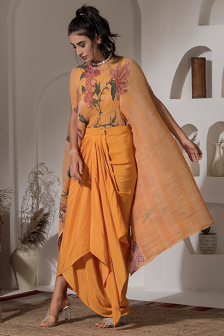 Golden Yellow Lurex Chinon Printed & Embroidered Kaftan Set by Preeti Mehta at Pernia's Pop Up Shop