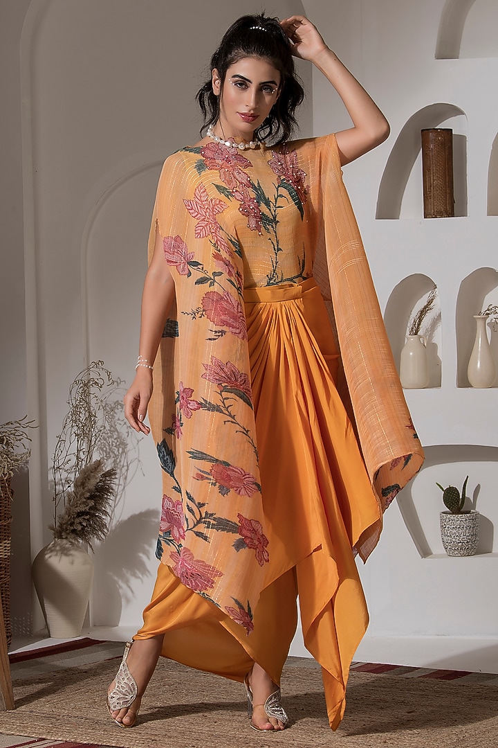 Golden Yellow Lurex Chinon Printed & Embroidered Kaftan Set by Preeti Mehta at Pernia's Pop Up Shop