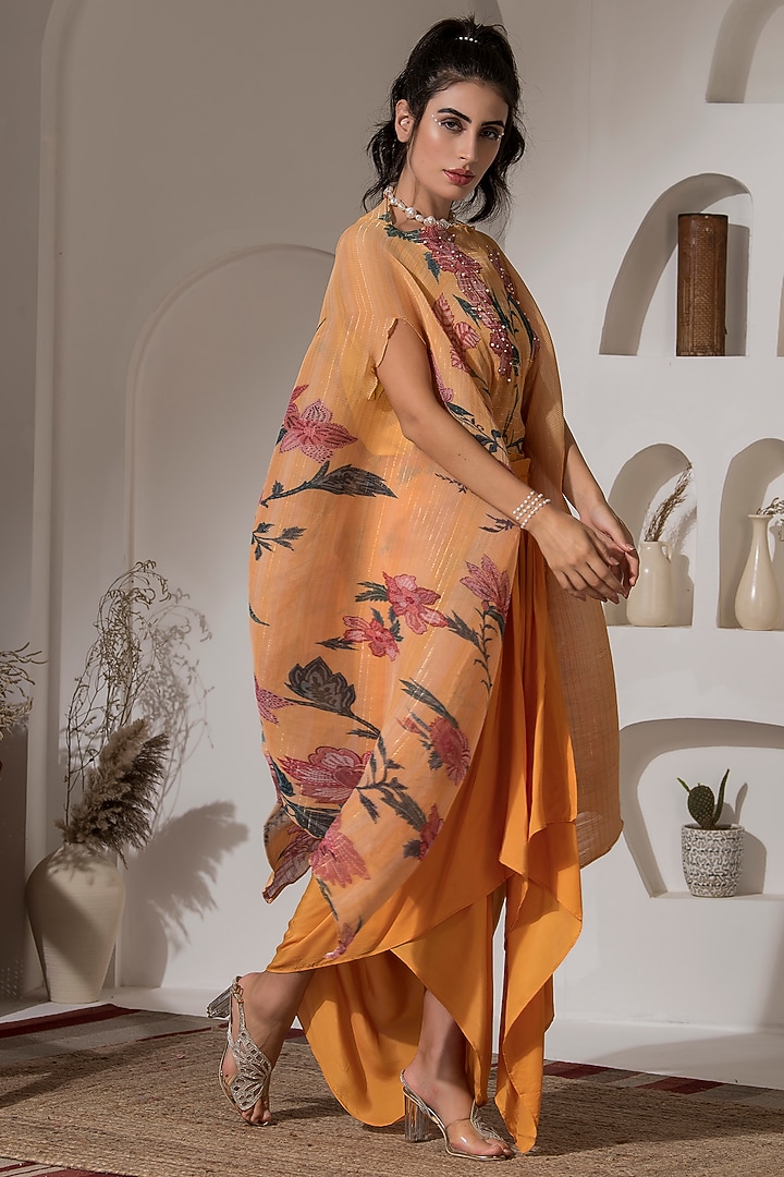 Golden Yellow Lurex Chinon Printed & Embroidered Kaftan Set by Preeti Mehta at Pernia's Pop Up Shop