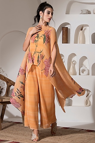 Golden Yellow Lurex Chinon Printed & Embroidered Kaftan Set by Preeti Mehta