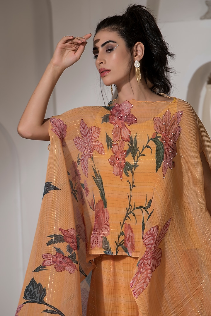 Golden Yellow Lurex Chinon Printed & Embroidered Kaftan Set by Preeti Mehta at Pernia's Pop Up Shop