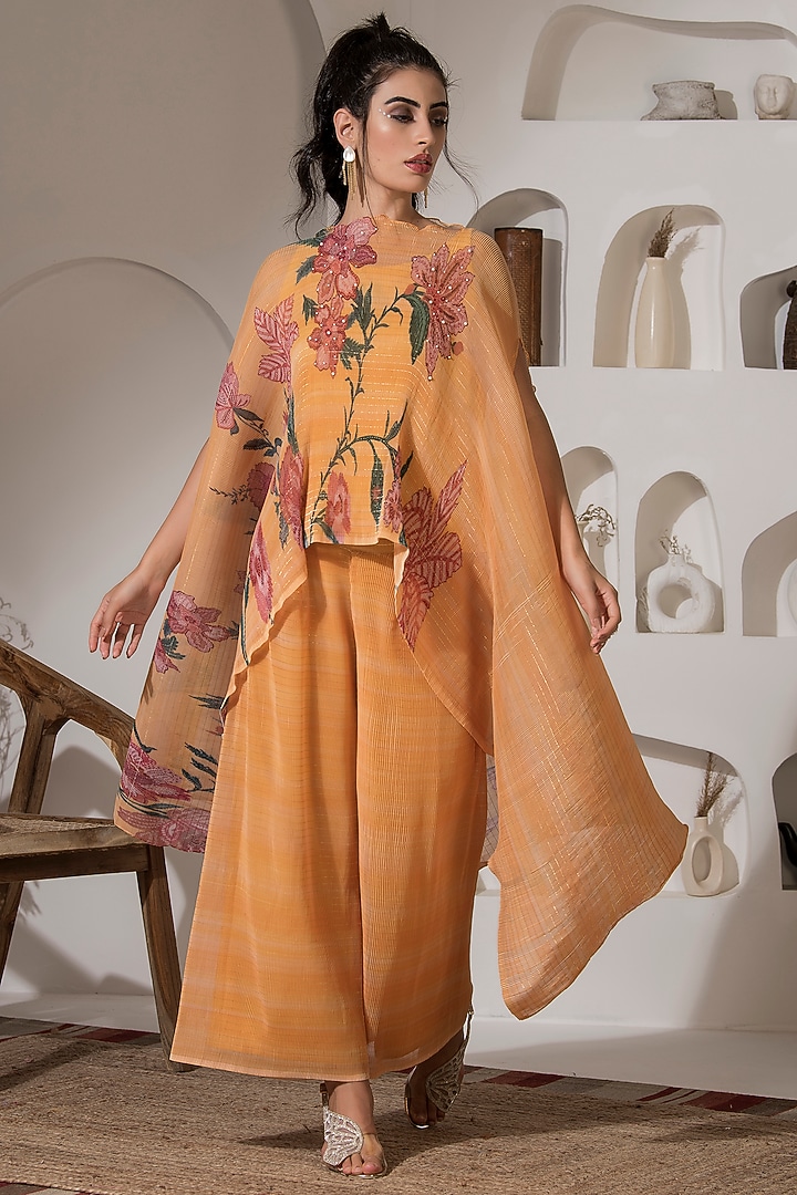 Golden Yellow Lurex Chinon Printed & Embroidered Kaftan Set by Preeti Mehta at Pernia's Pop Up Shop