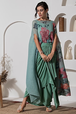 Dusty Jade Green Lurex Chinon Printed & Embroidered Kaftan Set by Preeti Mehta