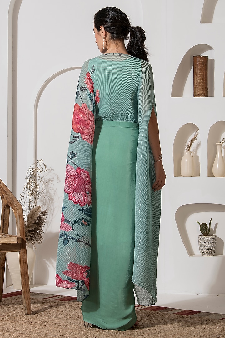 Dusty Jade Green Lurex Chinon Printed & Embroidered Kaftan Set by Preeti Mehta at Pernia's Pop Up Shop