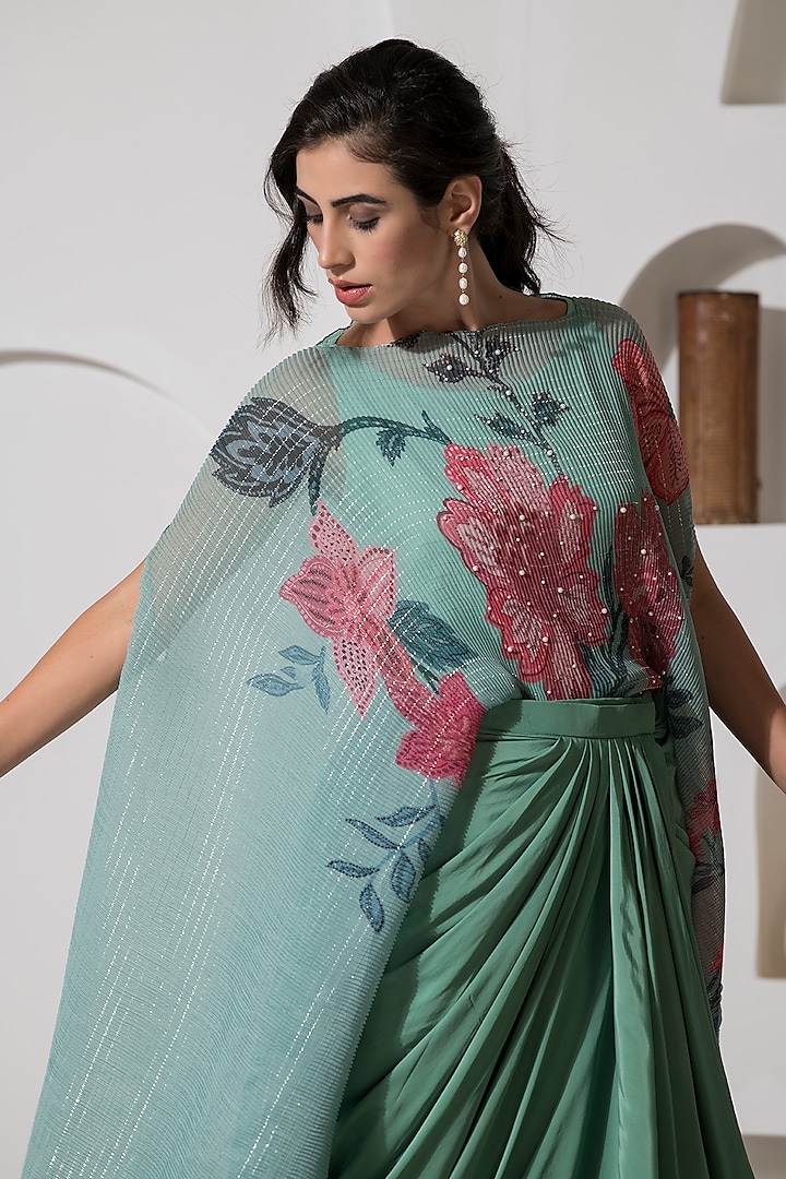 Dusty Jade Green Lurex Chinon Printed & Embroidered Kaftan Set by Preeti Mehta at Pernia's Pop Up Shop