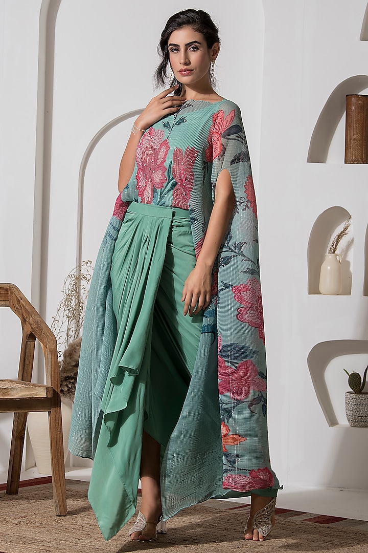 Dusty Jade Green Lurex Chinon Printed & Embroidered Kaftan Set by Preeti Mehta at Pernia's Pop Up Shop