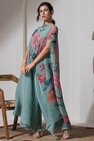 Dusty Jade Green Lurex Chinon Printed & Embroidered Kaftan Set by Preeti Mehta