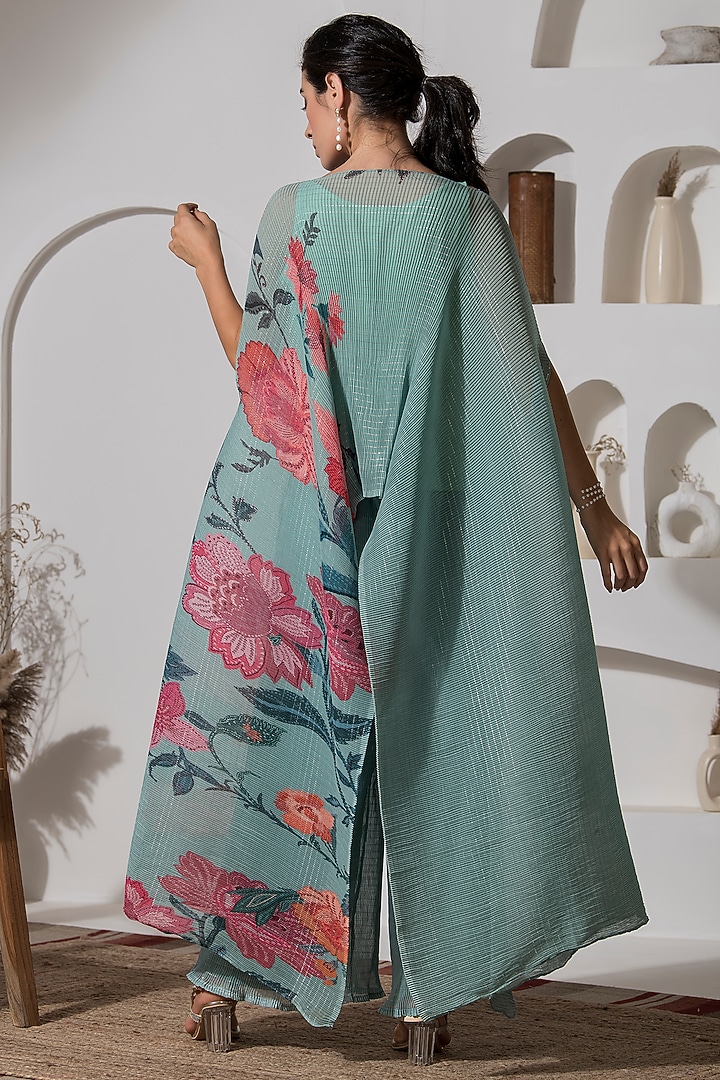 Dusty Jade Green Lurex Chinon Printed & Embroidered Kaftan Set by Preeti Mehta at Pernia's Pop Up Shop
