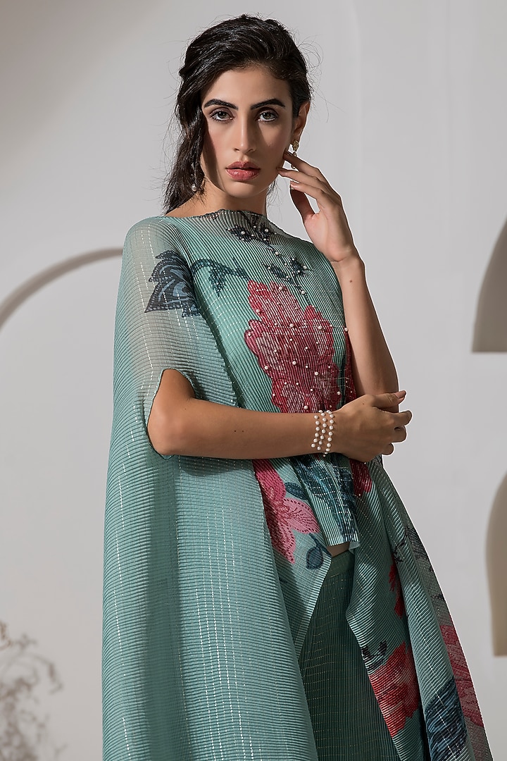 Dusty Jade Green Lurex Chinon Printed & Embroidered Kaftan Set by Preeti Mehta at Pernia's Pop Up Shop