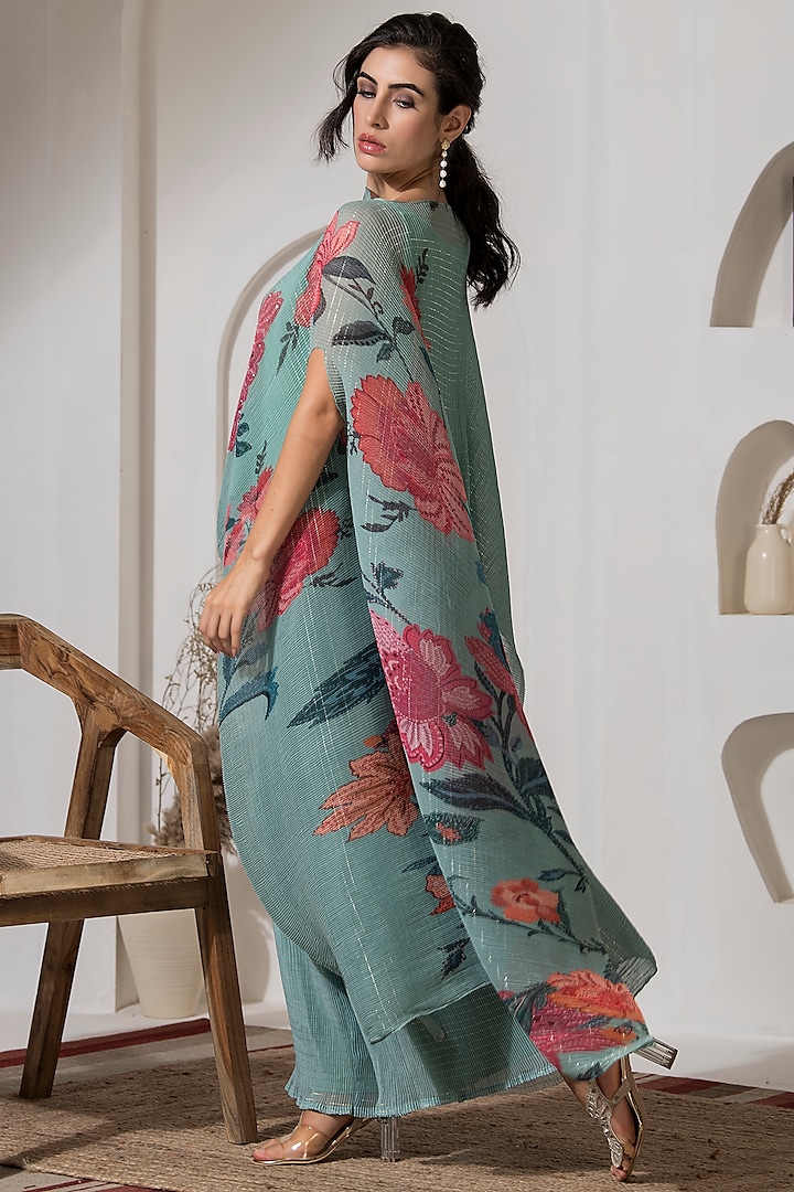 Dusty Jade Green Lurex Chinon Printed & Embroidered Kaftan Set by Preeti Mehta at Pernia's Pop Up Shop