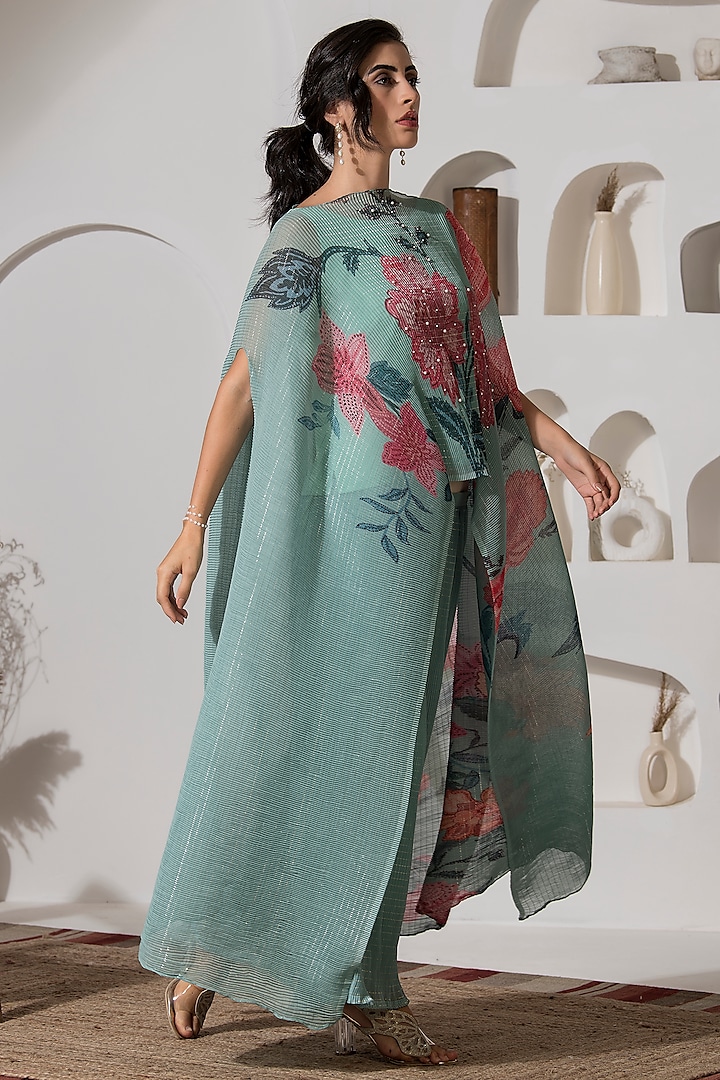 Dusty Jade Green Lurex Chinon Printed & Embroidered Kaftan Set by Preeti Mehta at Pernia's Pop Up Shop