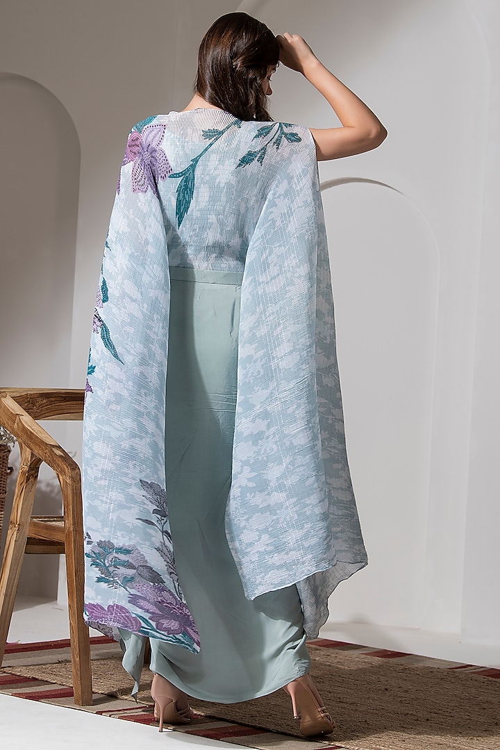 Moonlight Blue Lurex Chinon Printed & Embroidered Kaftan Set by Preeti Mehta at Pernia's Pop Up Shop