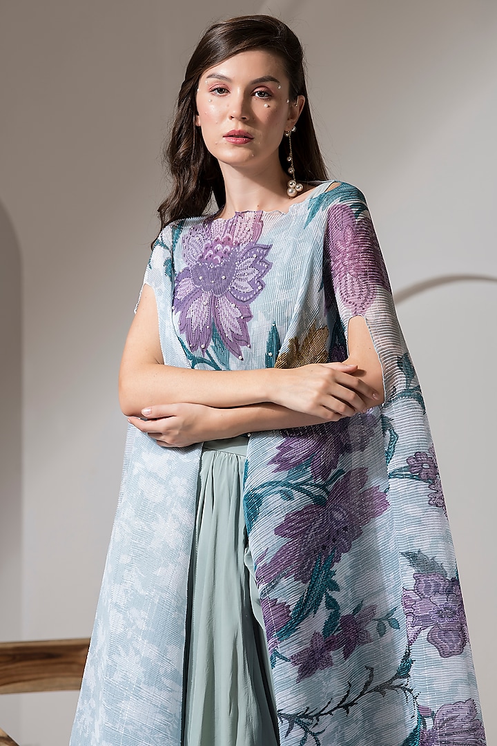 Moonlight Blue Lurex Chinon Printed & Embroidered Kaftan Set by Preeti Mehta at Pernia's Pop Up Shop