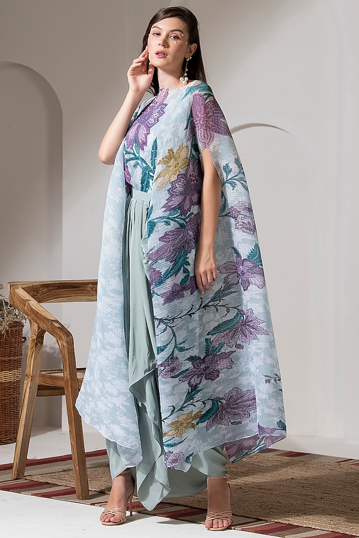 Moonlight Blue Lurex Chinon Printed & Embroidered Kaftan Set by Preeti Mehta at Pernia's Pop Up Shop