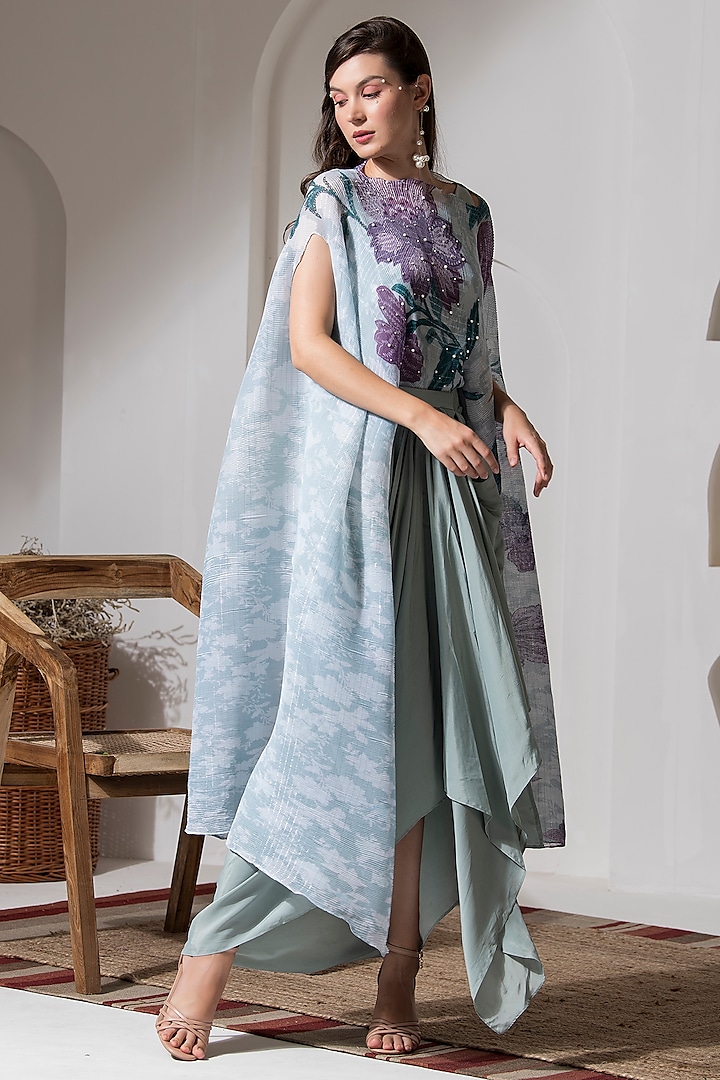 Moonlight Blue Lurex Chinon Printed & Embroidered Kaftan Set by Preeti Mehta at Pernia's Pop Up Shop