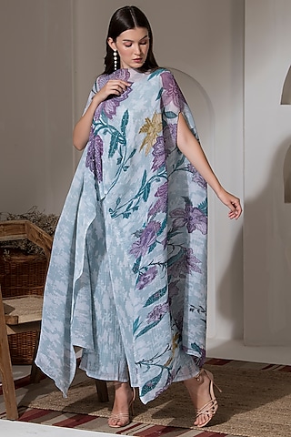 Moonlight Blue Lurex Chinon Printed & Embroidered Kaftan Set by Preeti Mehta