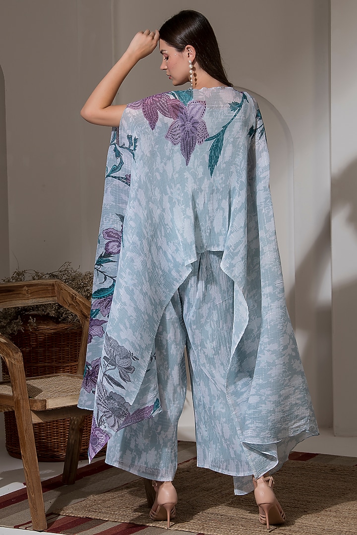 Moonlight Blue Lurex Chinon Printed & Embroidered Kaftan Set by Preeti Mehta at Pernia's Pop Up Shop