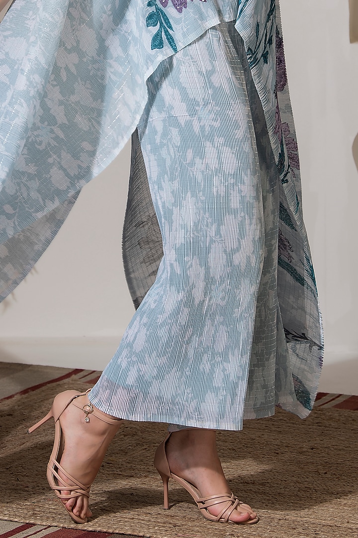 Moonlight Blue Lurex Chinon Printed & Embroidered Kaftan Set by Preeti Mehta at Pernia's Pop Up Shop