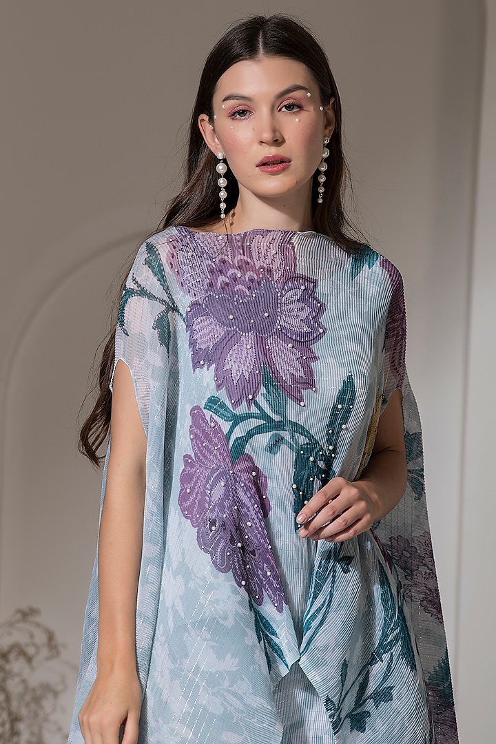 Moonlight Blue Lurex Chinon Printed & Embroidered Kaftan Set by Preeti Mehta at Pernia's Pop Up Shop