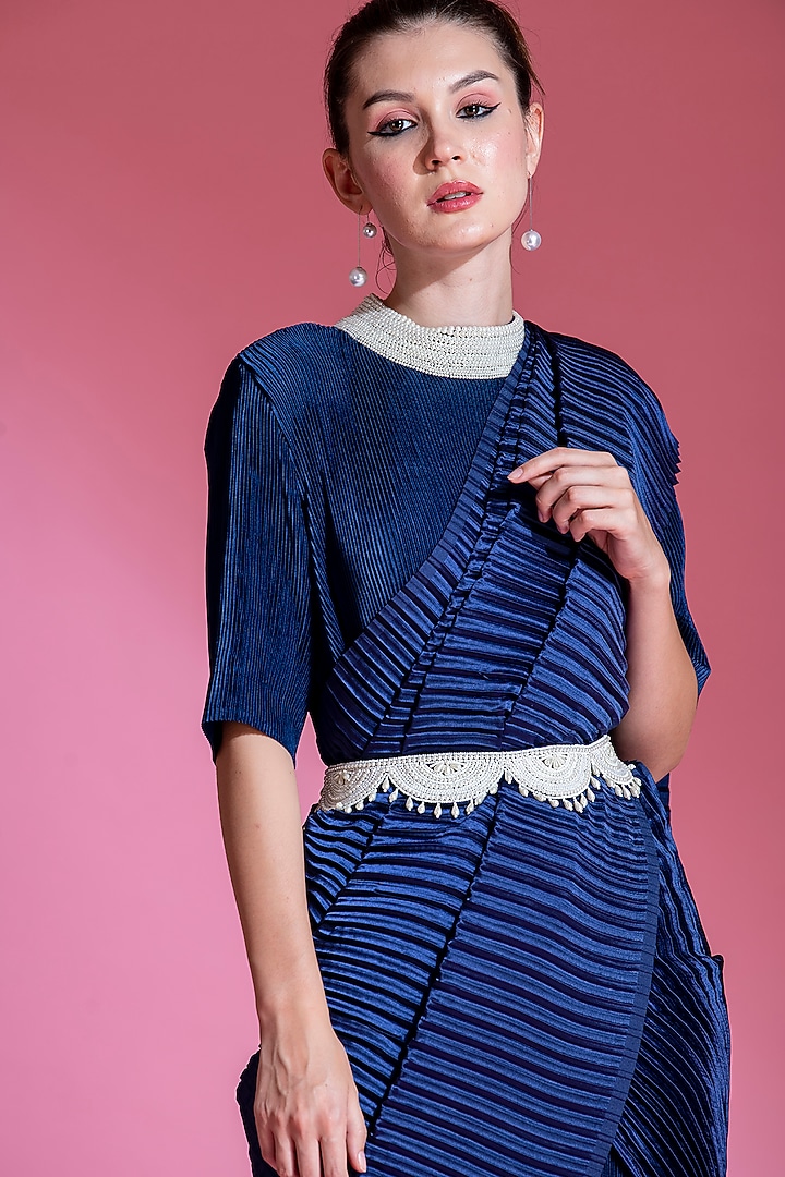 Indigo Blue Satin Viscose Pleated Party Wear Saree Set by Preeti Mehta at Pernia's Pop Up Shop